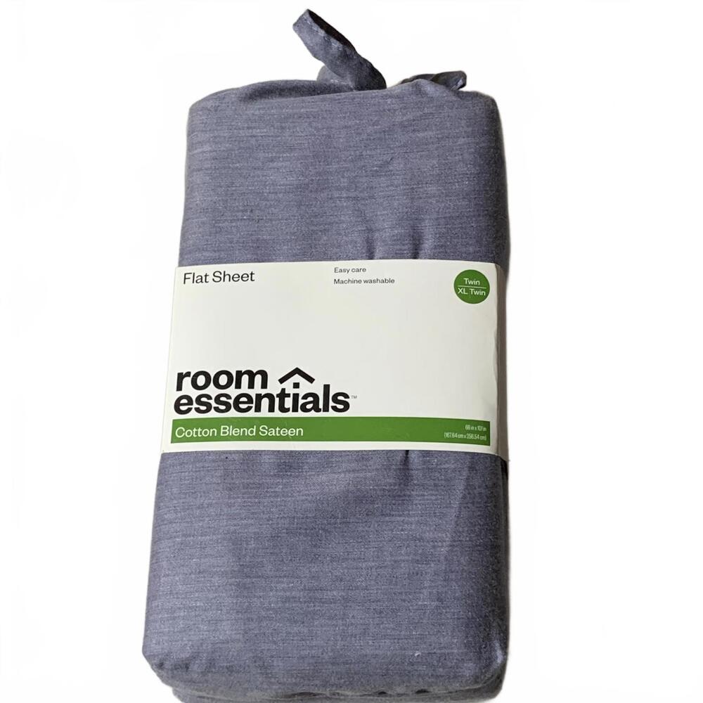 room‎ essentials Cotton Blend Sateen Flat Sheet - Twin XL, Blue